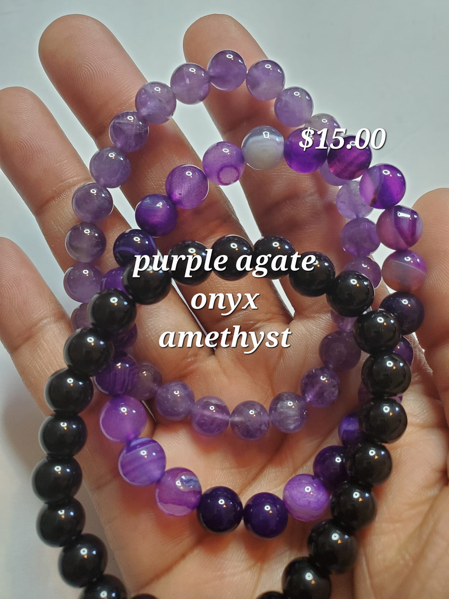 Purple agate, onyx, amethyst bracelet set